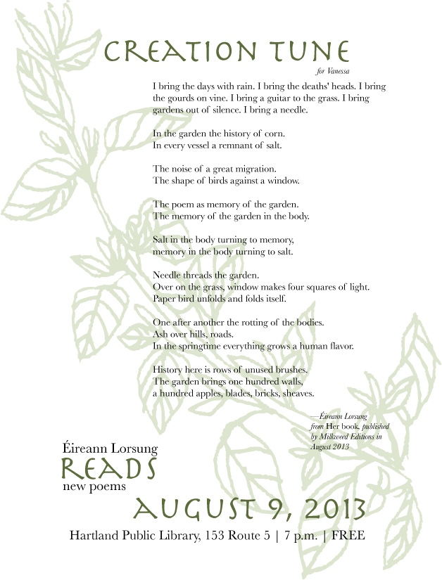 Éireann Lorsung reads | Hartland, VT | August 9, 2013